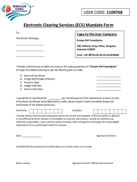 Fillable Online Electronic Clearing Services Ecs Mandate Form User