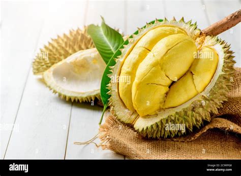 Fresh Durian Kan Yao Or Durio Zibthinus Murray On Sack And Old Wood