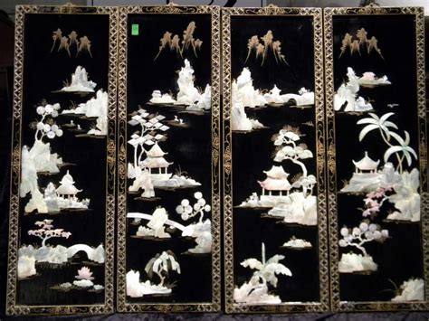 4 Oriental Black Lacquer Panels Wmother Of Pearl Decor