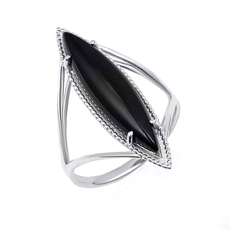 925 Sterling Silver Elongated Marquise Cut Black Onyx Gemstone Ring