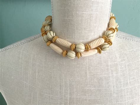 Carved Bone and Gold Bead Necklace Tribal Long Fashion - Etsy