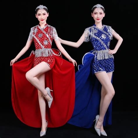 Roayl Blue Silver Red Jazz Modern Dance Costumes For Female Adult Gogo Dancers Stage Tuxedo