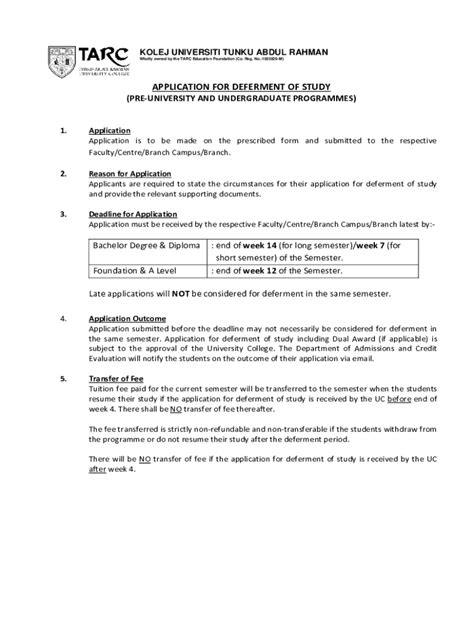 Fillable Online APPLICATION FOR DEFERMENT OF STUDY TAR UC Fax Email