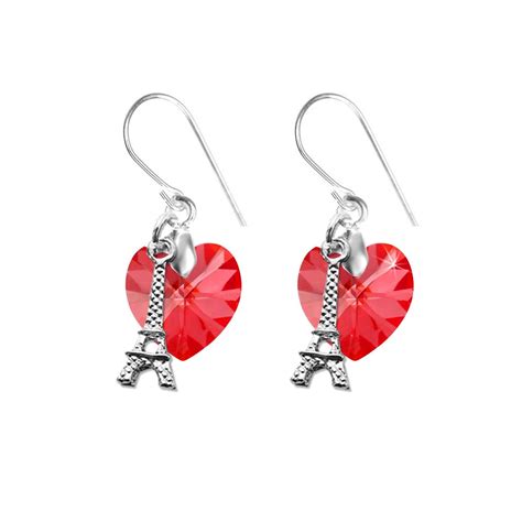 Earrings Red Heart And Eiffel Tower Socharm Decorated With Scintillants