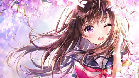 Anime Girl, Wink, Cherry Blossom, Cute, School Uniform, - Anime Girl Wallpaper Cute - 1920x1080 ...