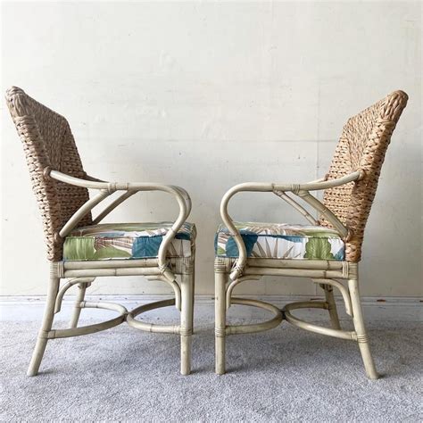 Boho Chic Bamboo Rattan And Sea Grass Dining Chairs Set Of 4 For Sale