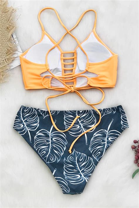 CUPSHE Women S Mid Waisted Bikini Set Lace Up Two Piece Swimsuits