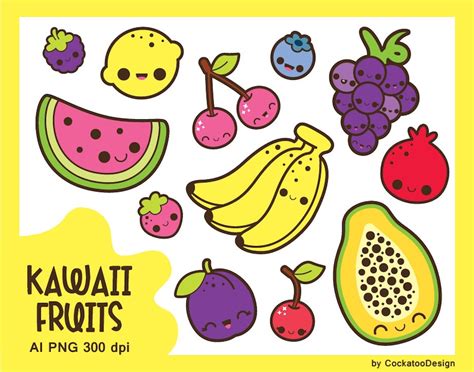 Kawaii Fruits Clipart Cute Fruits Clip Art Kawaii Food Etsy Canada