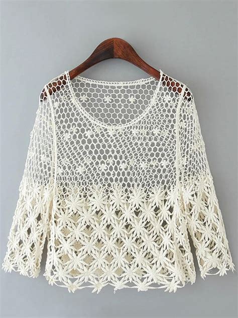 Beige Long Sleeve Hollow Crochet Lace Blouse Crochet Lace Blouse