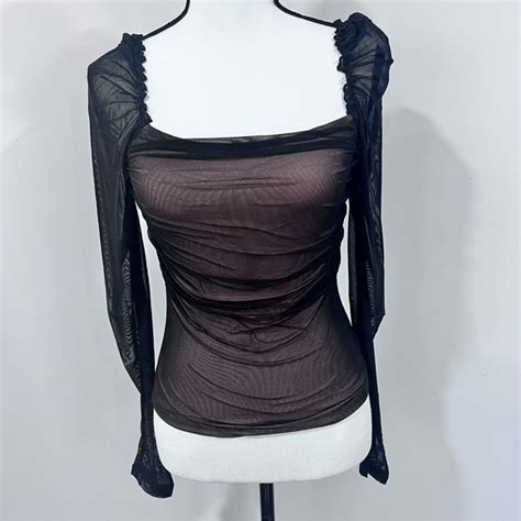 Lulus Tops Lulus Black Mesh Light Nude Liner Ruched Long Sleeve Top Poshmark