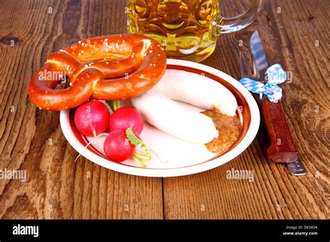 White Sausage Pretzel Radish With Mustard And Beer Vertical Stock