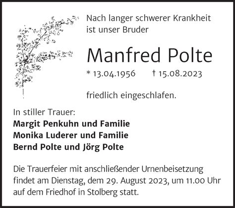 Traueranzeigen Von Manfred Polte Abschied Nehmen De