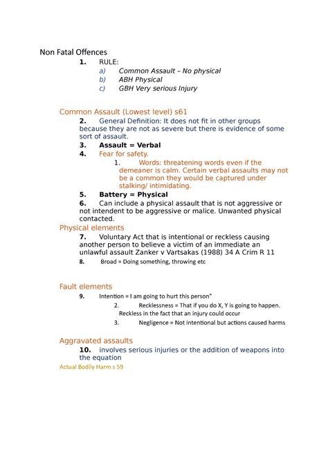 Non Fatal Offences Notes Non Fatal Offences 1 Rule A Common