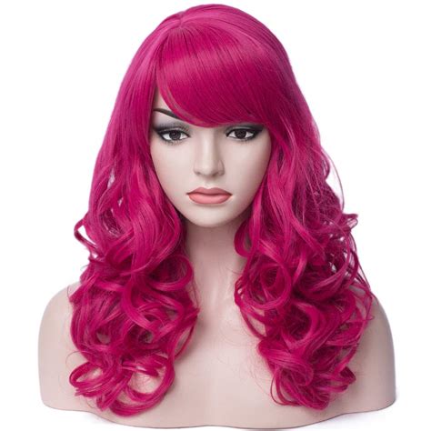 Beron Hot Pink Wig Long Curly Wavy Pink Wig With Bangs