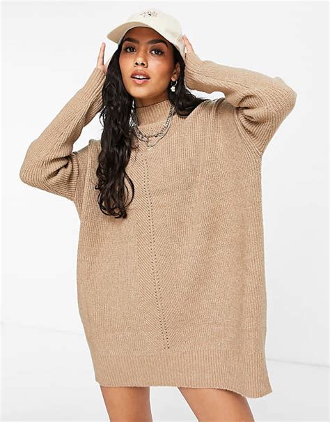 Miss Selfridge Long Sleeve Longer Line Funnel Neck Jumper In Camel Asos