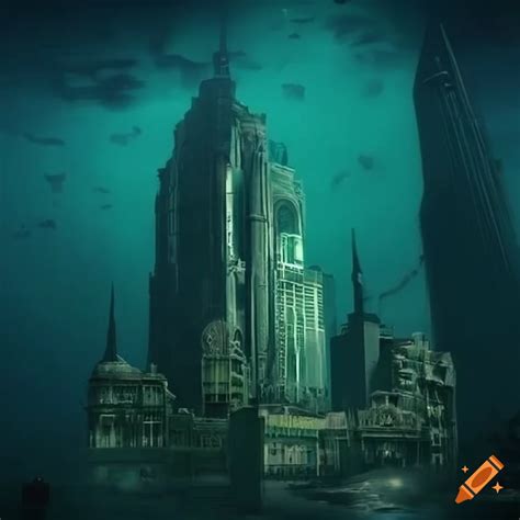 Bioshock Rapture Underwater City With Neon Signs On Craiyon