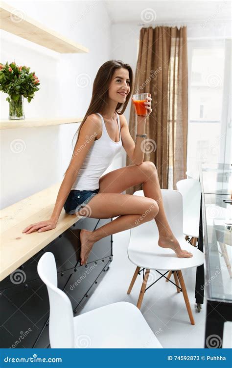 Healthy Woman Drinking Detox Smoothie Drink Indoors Nutrition Stock