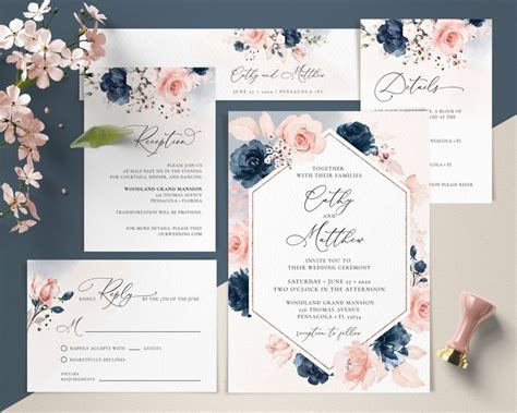 Navy Blue And Blush Pink Wedding Invitation Template Set Wedding