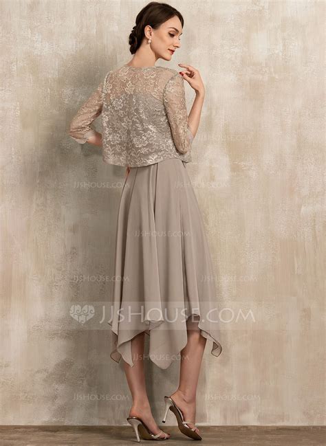 US 154 00 A Linien Kleid Scoop Illusion Asymmetrisch Spitze Chiffon