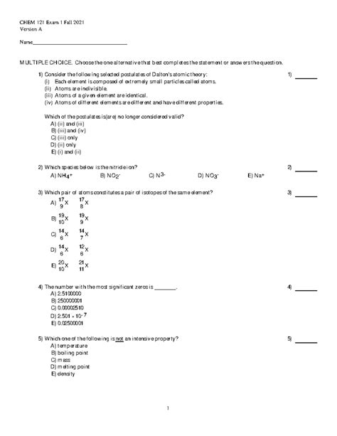 CHEM 121 Exam 1 Fall 2021 Version A CHEM 121 Exam 1 Fall 2021 Version