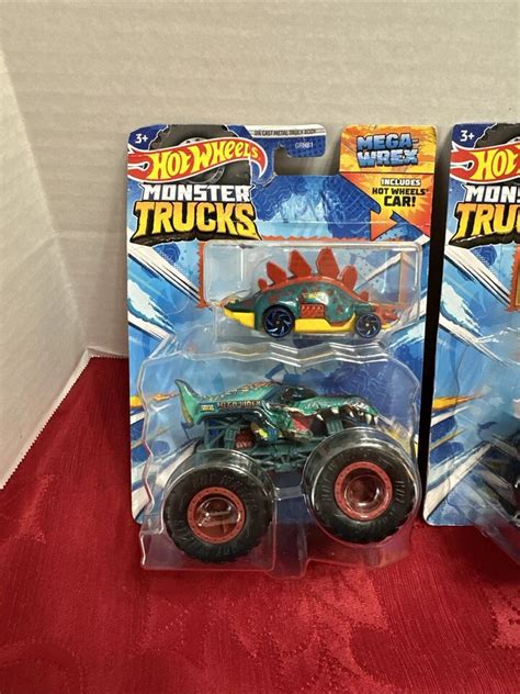 Hot Wheels Monster Trucks Bone Shaker And Mega Wrex With Hot Wheels Car 164 Scale Ebay