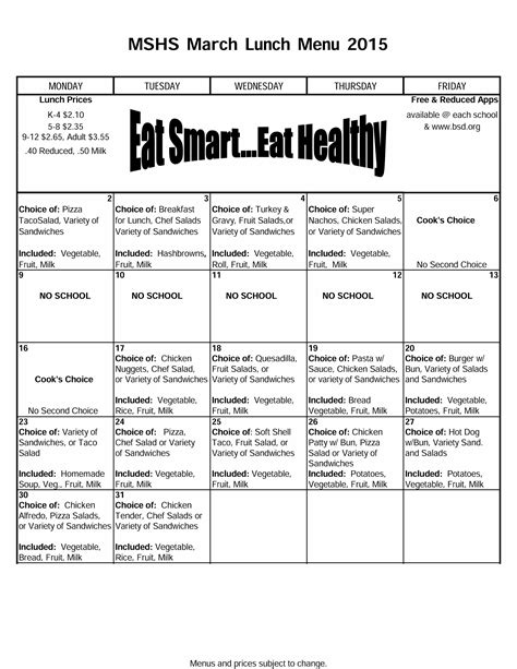 Middle School-High School March Lunch Menu | Breakfast menu, Lunch menu ...