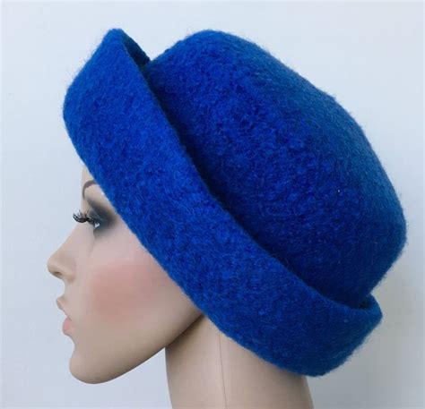 Blue Felted Cloche Hat Rolled Brim Hat Winter Felted Hat Etsy