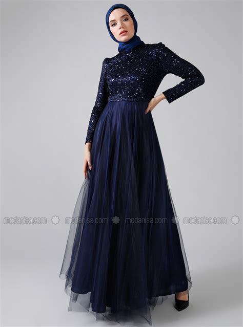 Navy Blue Fully Lined Crew Neck Muslim Evening Dress