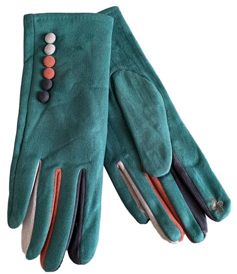 Green Gloves Ladies Faux Suede Red Grey Navy Button Trim Warm Soft Full