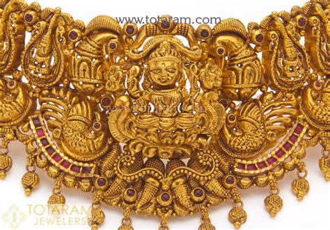 K Gold Lakshmi Peacock Choker Necklace With Beads Temple