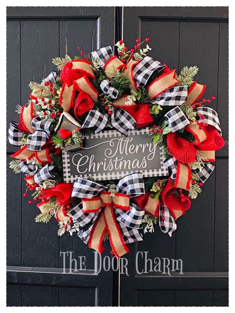 Farmhouse Christmas Wreath Black And White Buffalo Plaid Ribbon Etsy