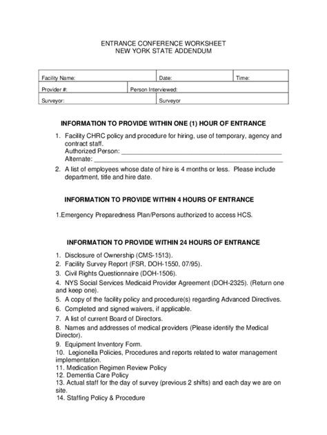 Entrance Conference Worksheet Cms