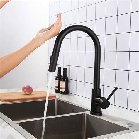 Matt Black Touch Sensor Kitchen Sink Faucet Pull Out Sprayer Swivel