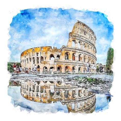 Colosseum Rome Italy Watercolor Sketch Hand Drawn Illustration