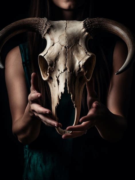 Premium Ai Image Arafed Woman Holding A Skull Of A Goat With Horns Generative Ai