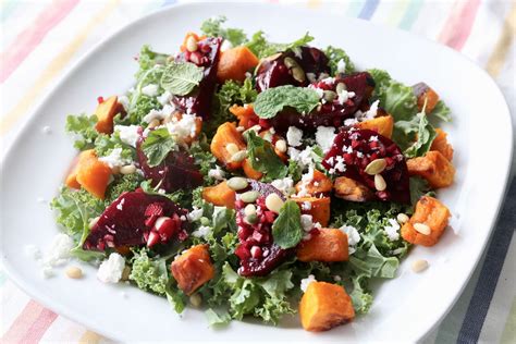 Vegetarian Roasted Pumpkin Feta Salad With Beetroot And Pine Nuts