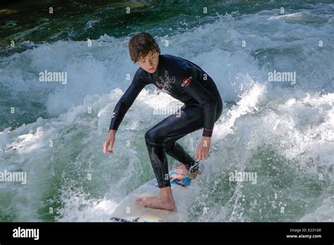 Surfer On The Eisbach Wave River Isar English Garden Munich Upper