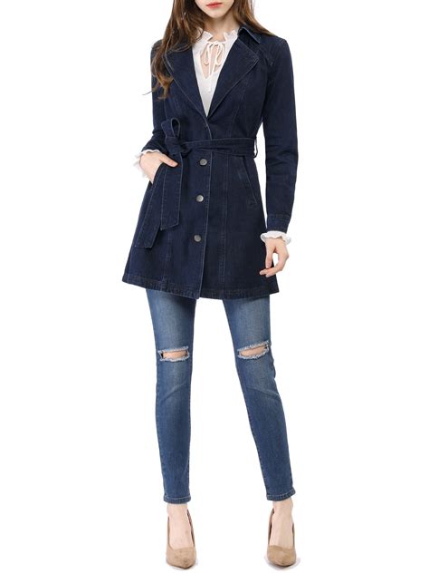 Allegra K Womens Notched Lapel Long Sleeves Button Belted Long Denim Jacket