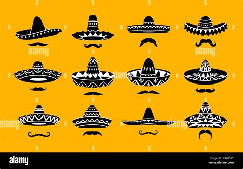 Mexican Sombrero Hat Icons And Moustaches Vector Charro Cowboy Or