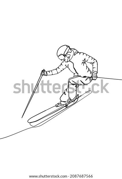 One Line Sketch Skier Winter Sport Stock Vector Royalty Free