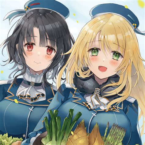 Safebooru 2girls Asparagus Atago Kancolle Bamboo Shoot Bangs Basket Beret Black Gloves Black