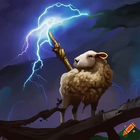 Tranquil Sheep With A Magical Sceptre In Front Of Green Mountains In