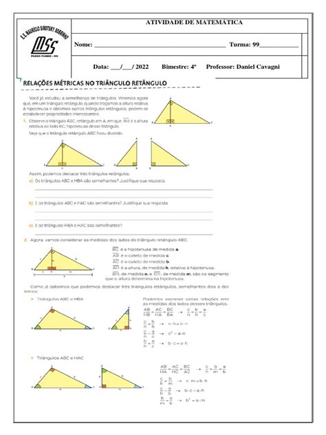 Atividade Razões Trigonométricas No Triângulo Retângulo Pdf