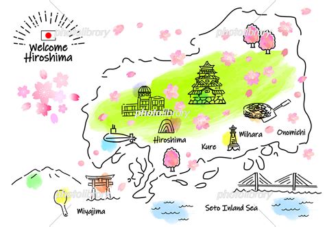 春の広島県の観光地のシンプル線画イラストマップ（緑） イラスト素材 7211170 フォトライブラリー Photolibrary