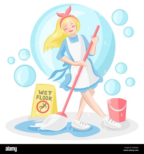 Cleaning Lady In Blue Uniform Mopping The Floor Stock Vector Image And Art Alamy