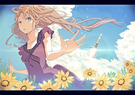 Aircraft Blue Eyes Brown Hair Clouds Dress Flowers Long Hair Original