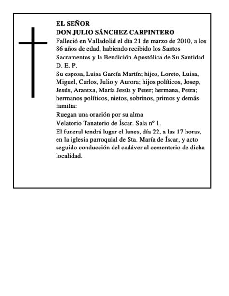 Don Julio S Nchez Carpintero Esquela Necrol Gica El Norte De Castilla