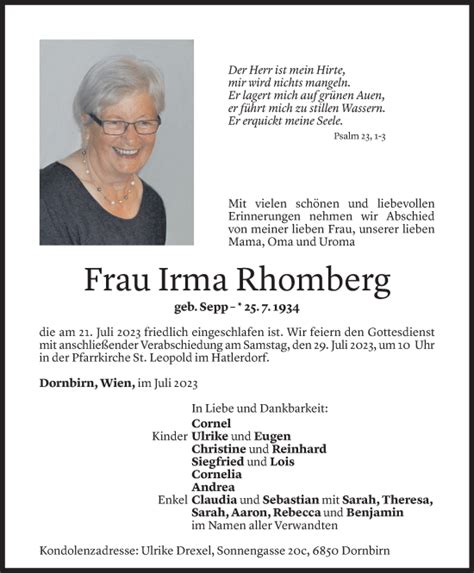 Todesanzeigen Von Irma Rhomberg Todesanzeigen Vorarlberger Nachrichten