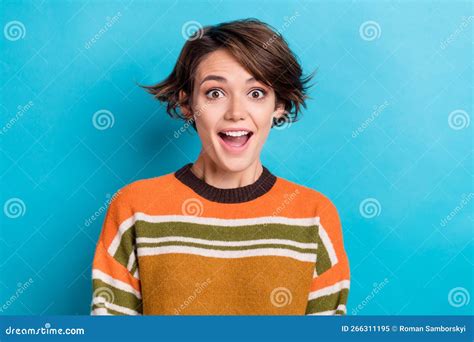 Portrait Of Impressed Positive Cheerful Woman With Short Hairdo Wear