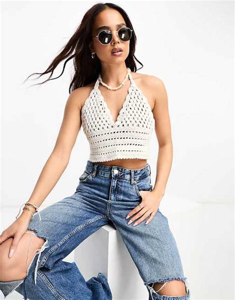 Asos Design Crochet Halter Neck Top In Cream Asos